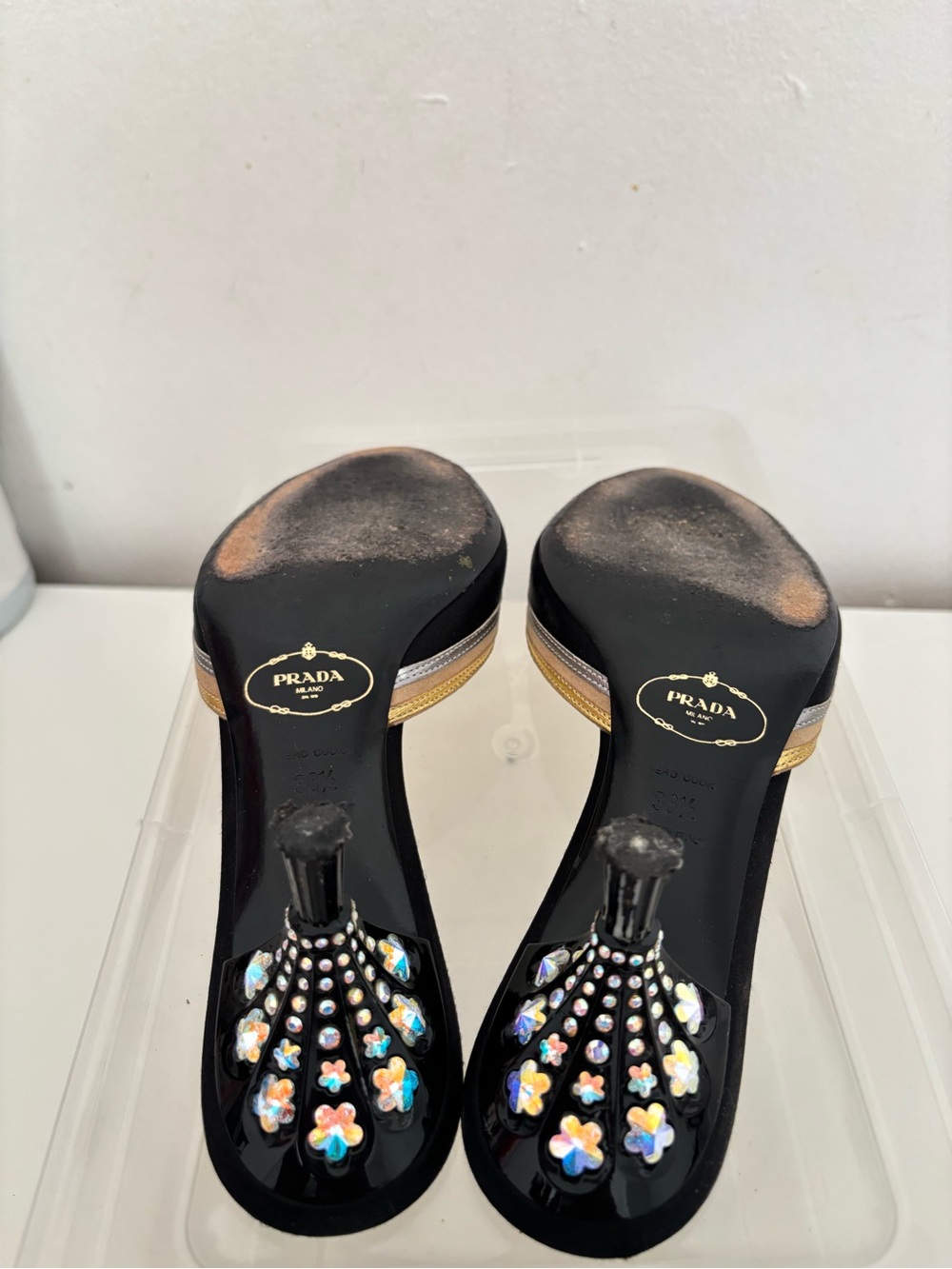 Prada Black, Gold & Silver Open-Toe Slide Embellished Heels - Picture 5 of 7